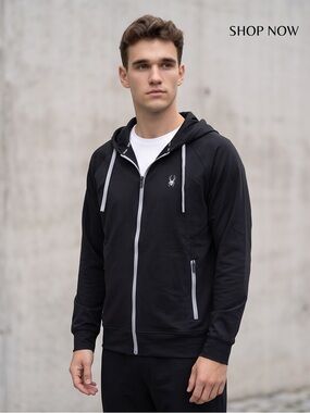 Spyder Men's Black Hooded Zip Jacket with Gray Contrast Trim